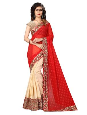 Red embroidered georgette saree with blouse 1