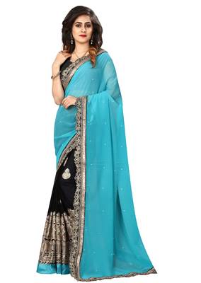 Sky blue embroidered georgette saree with blouse 1