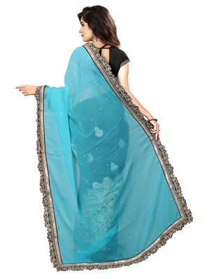 Sky blue embroidered georgette saree with blouse 3