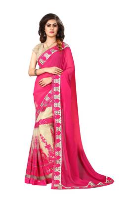 Pink embroidered georgette saree with blouse 1