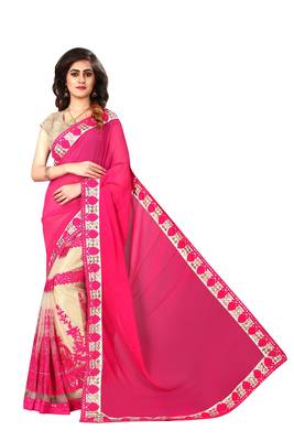 Pink embroidered georgette saree with blouse 2