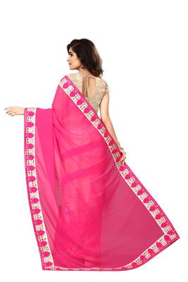 Pink embroidered georgette saree with blouse 3