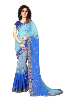 Sky blue embroidered georgette saree with blouse 1