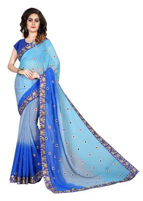 Sky blue embroidered georgette saree with blouse 2