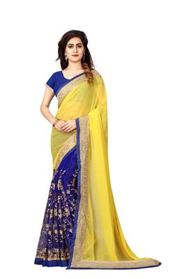 Yellow embroidered georgette saree with blouse 1