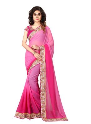 Pink embroidered georgette saree with blouse 1
