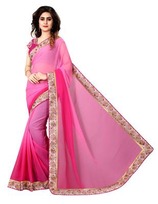 Pink embroidered georgette saree with blouse 2