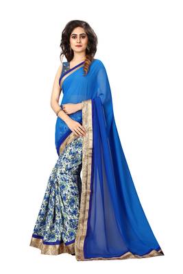 Blue embroidered georgette saree with blouse 1