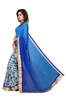 Blue embroidered georgette saree with blouse 2