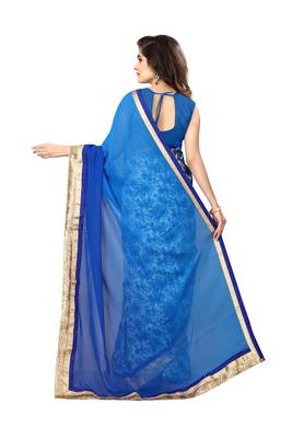 Blue embroidered georgette saree with blouse 3