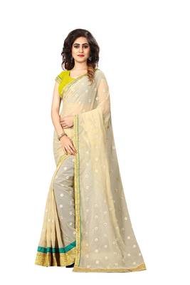 Beige embroidered georgette saree with blouse 1