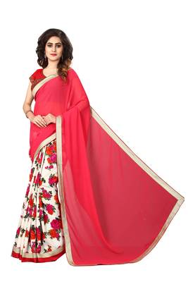 Pink embroidered georgette saree with blouse 1