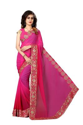 Pink embroidered georgette saree with blouse 1