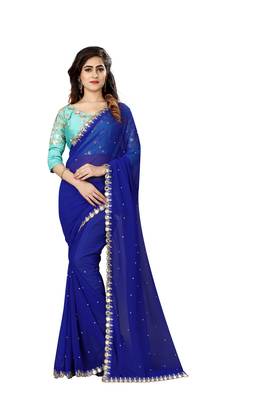Blue embroidered georgette saree with blouse 1