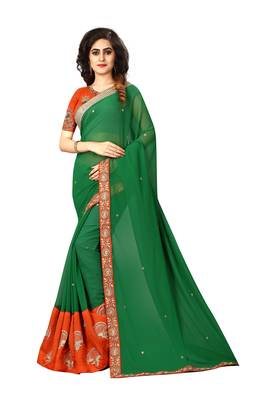 Green embroidered georgette saree with blouse 1