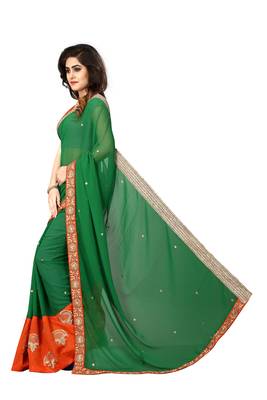 Green embroidered georgette saree with blouse 3