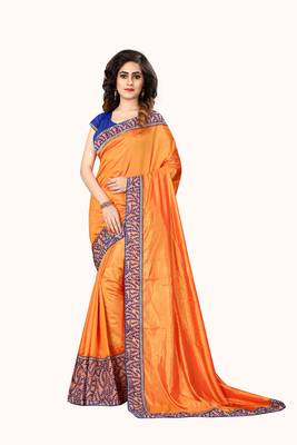 Orange embroidered silk saree with blouse 1