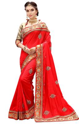 Red embroidered silk saree with blouse 1