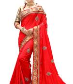 Red embroidered silk saree with blouse