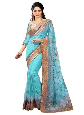 Blue embroidered net saree with blouse 1