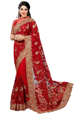 Red embroidered net saree with blouse 1