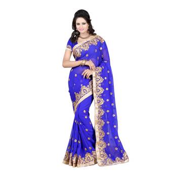 Blue embroidered georgette saree with blouse 1