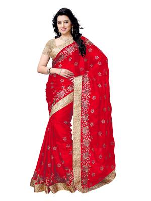 Red embroidered satin saree with blouse 1