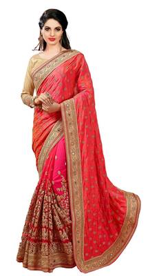 Orange embroidered dupion silk saree with blouse 1