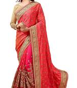 Orange embroidered dupion silk saree with blouse