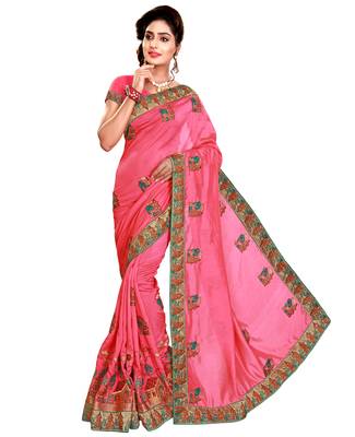 Pink embroidered satin saree with blouse 1