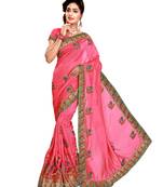 Pink embroidered satin saree with blouse