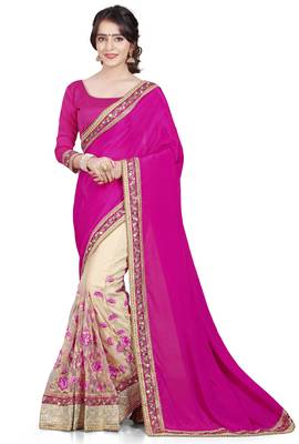Pink embroidered satin saree with blouse 1