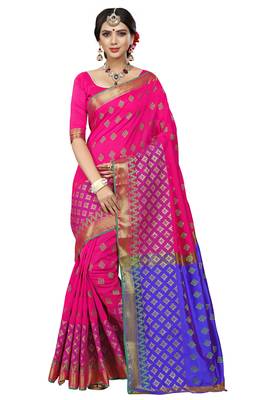 Pink printed jacquard saree with blouse 1