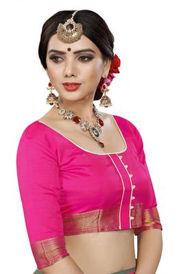 Pink printed jacquard saree with blouse 4