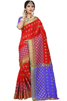 Red printed jacquard saree with blouse 1