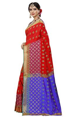Red printed jacquard saree with blouse 2