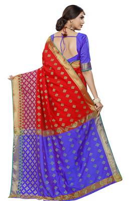 Red printed jacquard saree with blouse 3