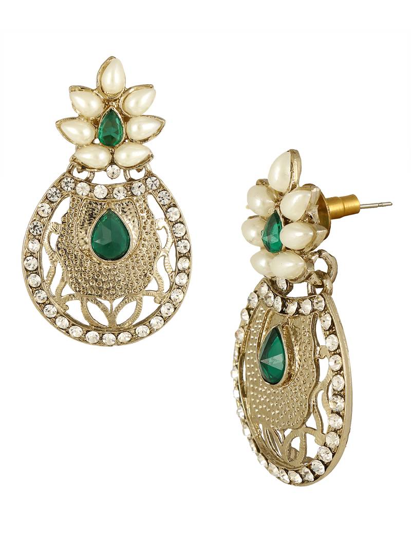 Flower Filigree Antique Rhodium Pearl Green Earring For Women