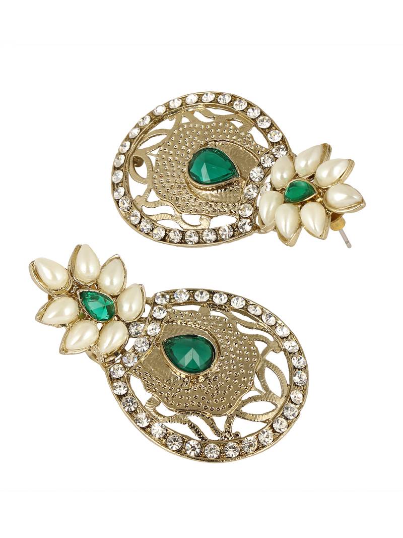 Flower Filigree Antique Rhodium Pearl Green Earring For Women