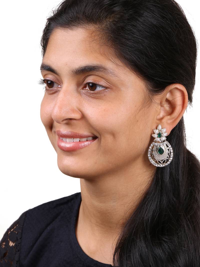 Flower Filigree Antique Rhodium Pearl Green Earring For Women