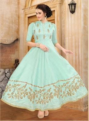 sea green embroidered Mulberry Silk Semi-stitched Gown 1