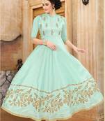 sea green embroidered Mulberry Silk Semi-stitched Gown