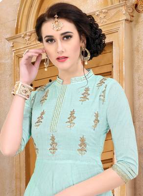 sea green embroidered Mulberry Silk Semi-stitched Gown 2