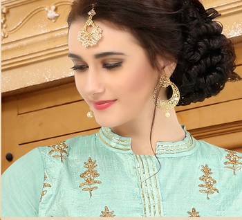 sea green embroidered Mulberry Silk Semi-stitched Gown 3