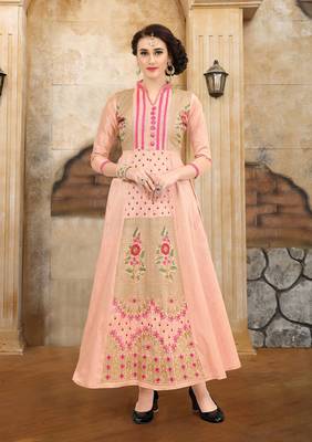 Peach embroidered Mulberry Silk Semi-stitched Gown 1