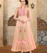 Peach embroidered Mulberry Silk Semi-stitched Gown