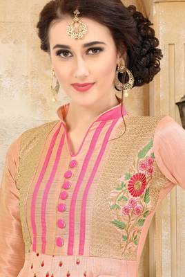 Peach embroidered Mulberry Silk Semi-stitched Gown 2