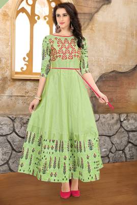 Green embroidered Mulberry Silk Semi-stitched Gown 1