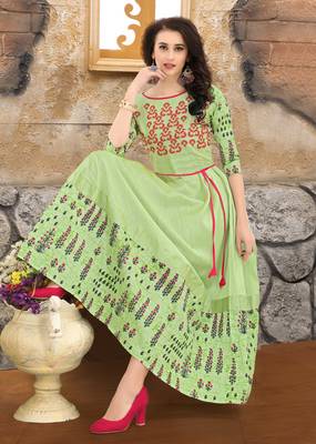 Green embroidered Mulberry Silk Semi-stitched Gown 2