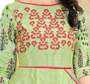 Green embroidered Mulberry Silk Semi-stitched Gown 3